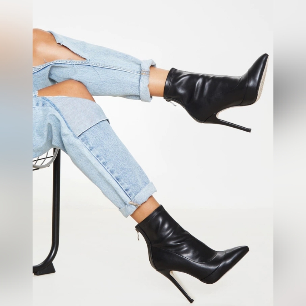 Black PU Pointed Ankle Sock Boots